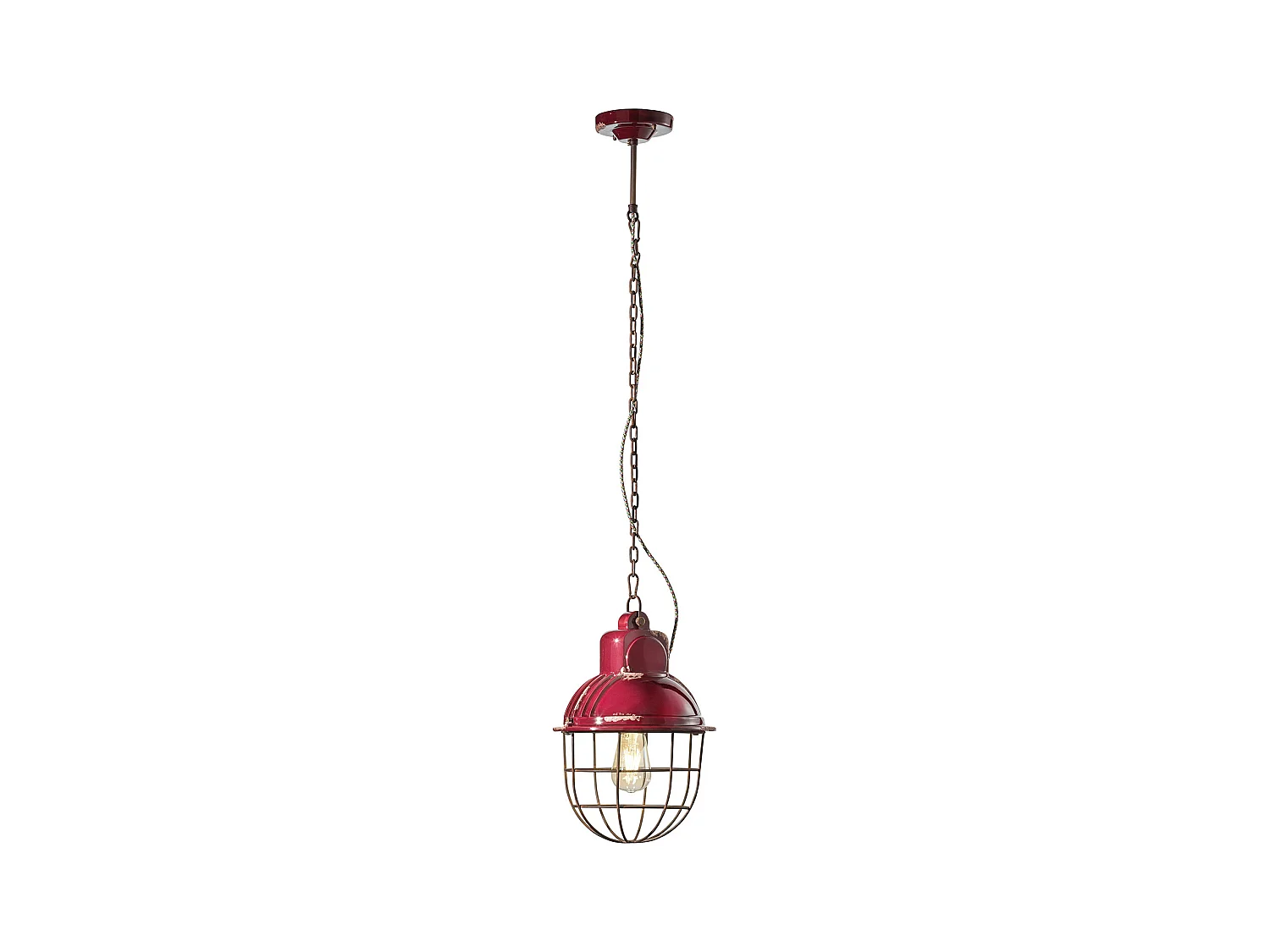 Lampadario Industrial Ferro E Ceramica Con Rete Vintage Bordeaux 1 Luce E27 26Cm