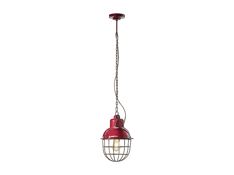 Lampadario Industrial Ferro E Ceramica Con Rete Vintage Bordeaux 1 Luce E27 26Cm