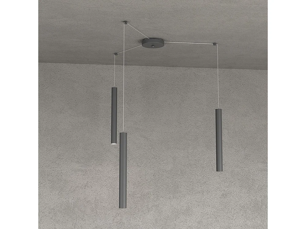 Round Tube Sospensione 3 Luci Grigio Antracite Cavo Cm.250 Con Base