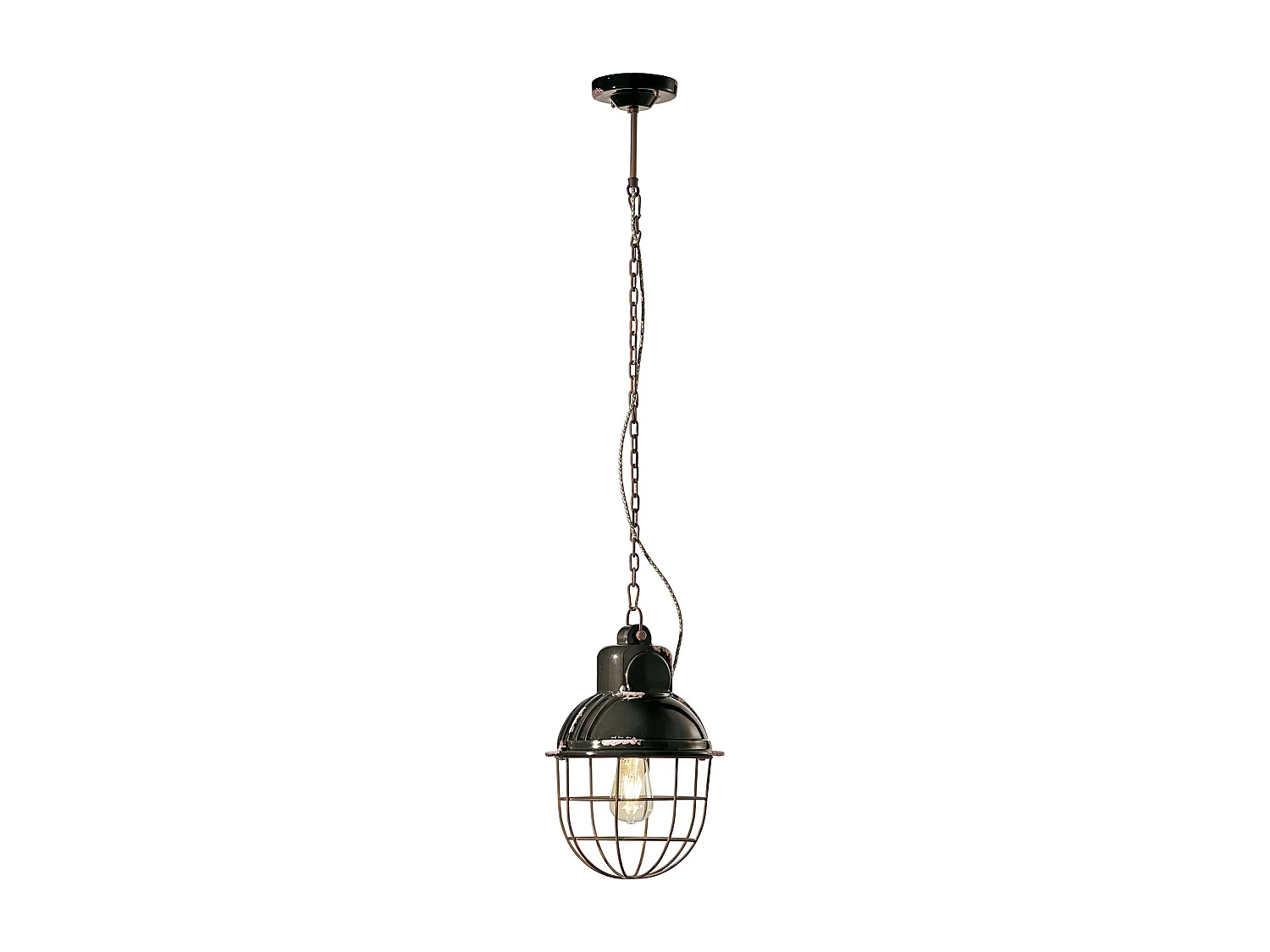 Lampadario Industrial Ferro E Ceramica Con Rete Vintage Nero 1 Luce E27 26Cm