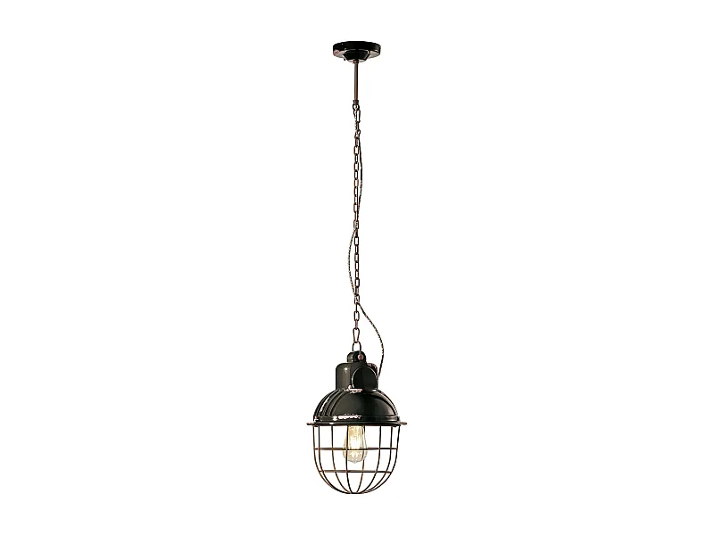 Lampadario Industrial Ferro E Ceramica Con Rete Vintage Nero 1 Luce E27 26Cm