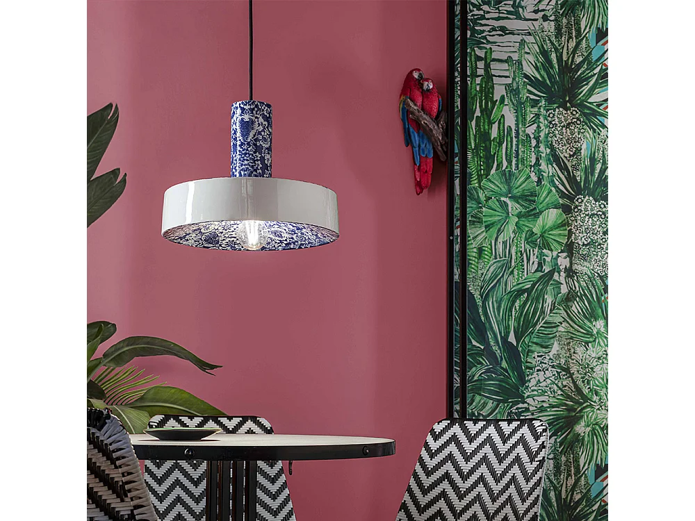 Sospensione Grande Vintage Decò Pi Ceramica Ming Blu 1 Luce E27