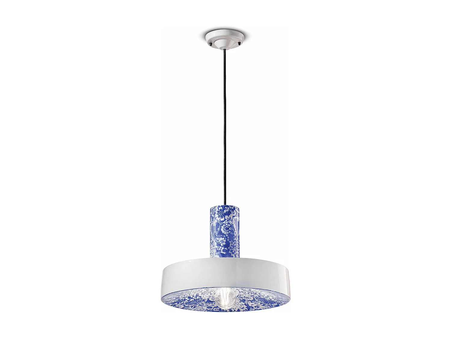 Sospensione Grande Vintage Decò Pi Ceramica Ming Blu 1 Luce E27