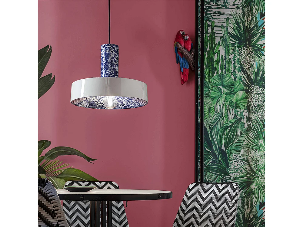 Sospensione Grande Vintage Decò Pi Ceramica Ming Blu 1 Luce E27