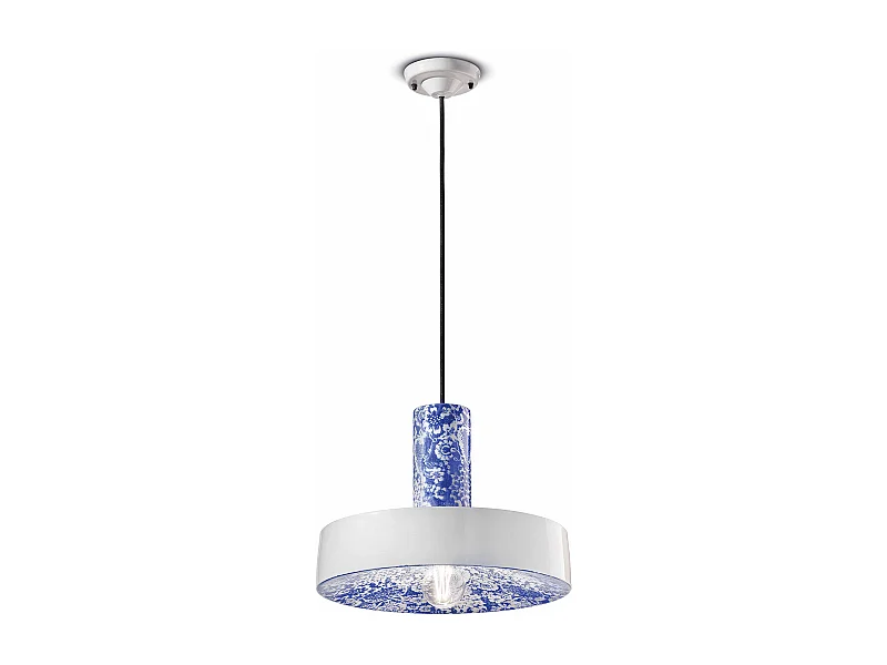 Sospensione Grande Vintage Decò Pi Ceramica Ming Blu 1 Luce E27