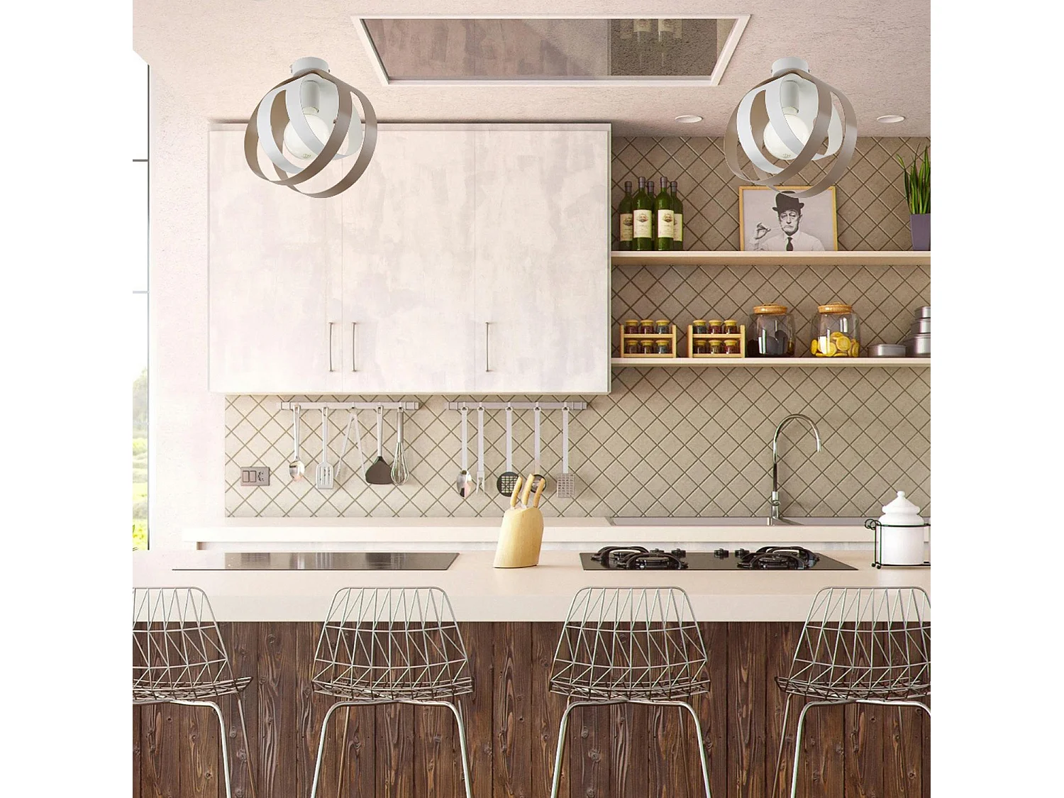 Plafoniera 1 Luce Tobias Ferro Laccato Bianco E Tortora Taglio Laser