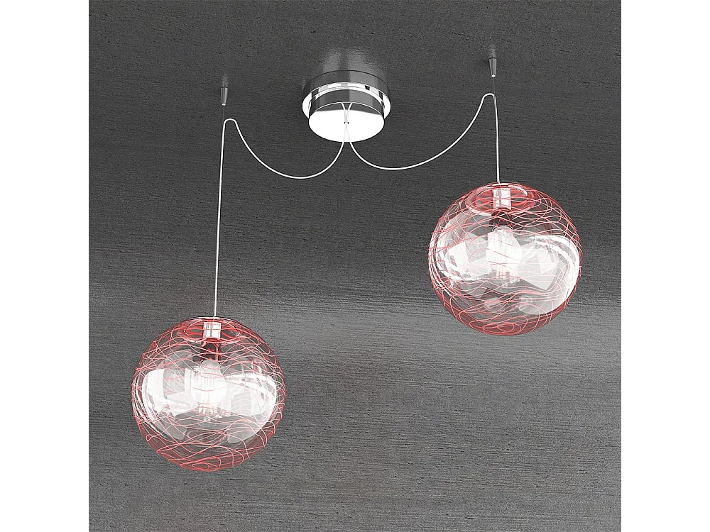 Sospensione Contemporanea Moon Metallo Cromo Vetro Rosso 2 Luci E27 D.30Cm