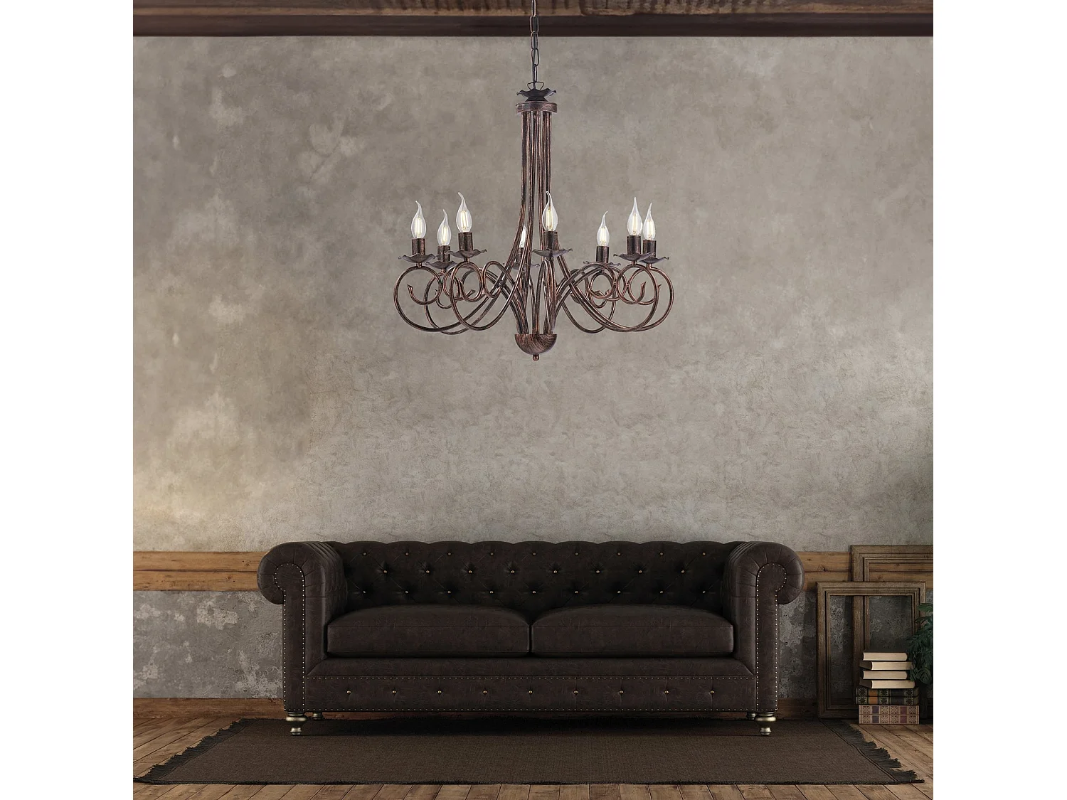 Alma Lustre en fer laqué noir décor cuivre antique 8 lumières 128 d.67 BL130-8-NR