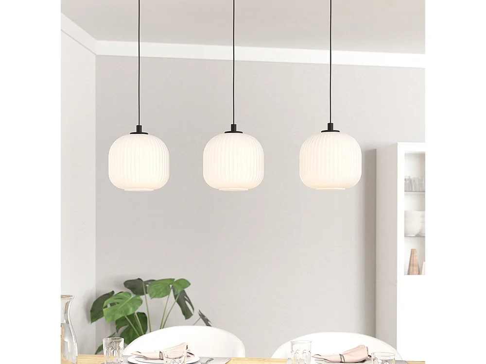 Lampadario Contemporaneo Mantunalle 3 Luci Acciaio Nero Vetro Bianco