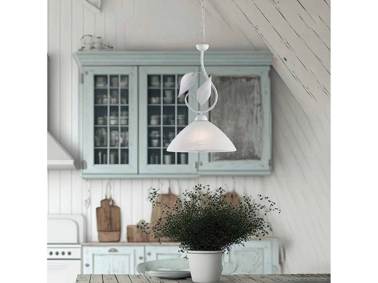 Sospensione Classica Esse 1 Luce Ferro Battuto E Vetro Bianco E Argento