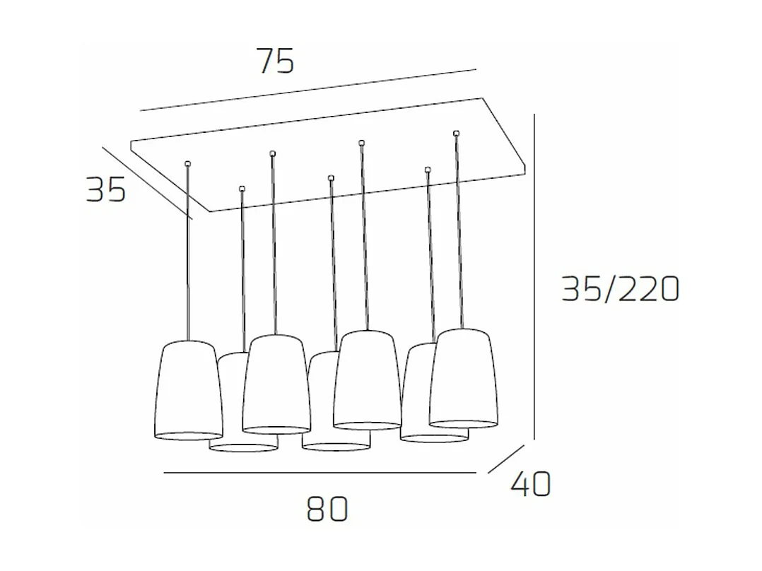 Sospensione Cromo Rettangolare 7 Luci (3 Am+2 Ra+2 Cr)