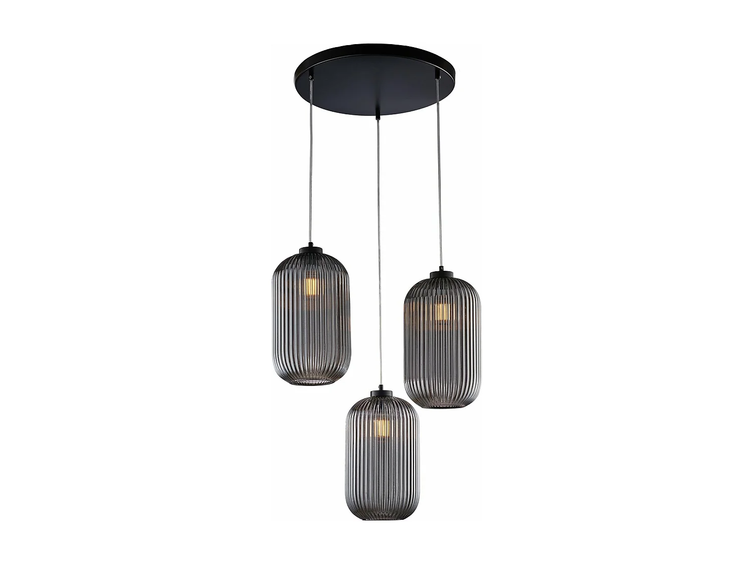 Suspension Krizia fer noir, câbles réglables, verre soufflé miroir gris décor rayé en relief, 3 lumières, style moderne
