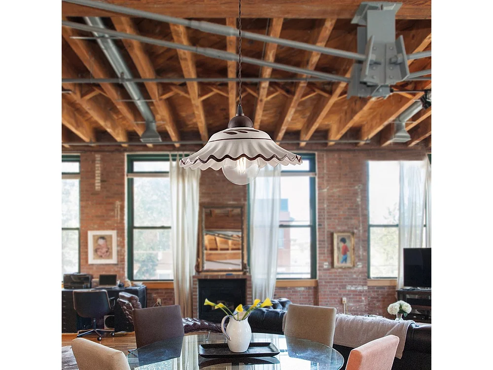 Sospensione 1 Luce Ferro Nero e Ruggine e Ceramica d.30 cm Bianco Serie Palma