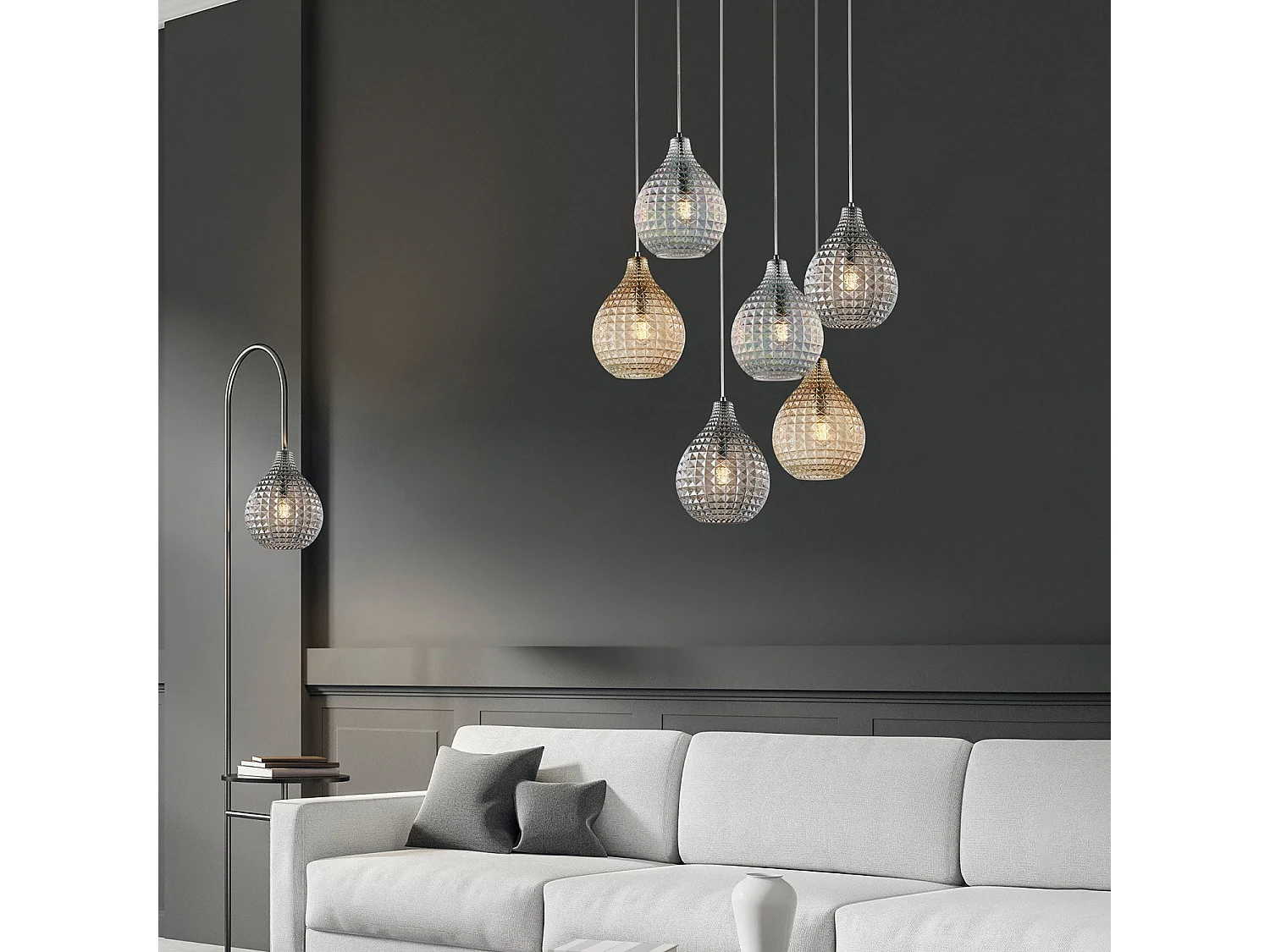 Sospensione 1 Luce Diamante In Ferro Bianco E Vetro Soffiato Ambra