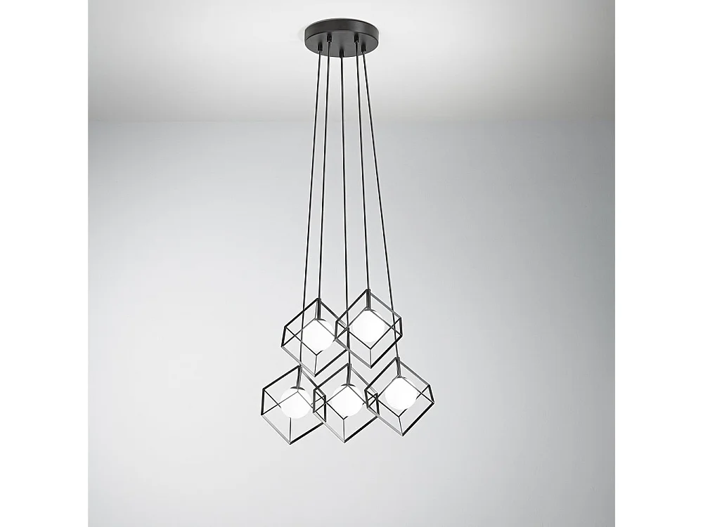 Lampadario Contemporaneo Cube Metallo Nero Vetro 3 Luci G9