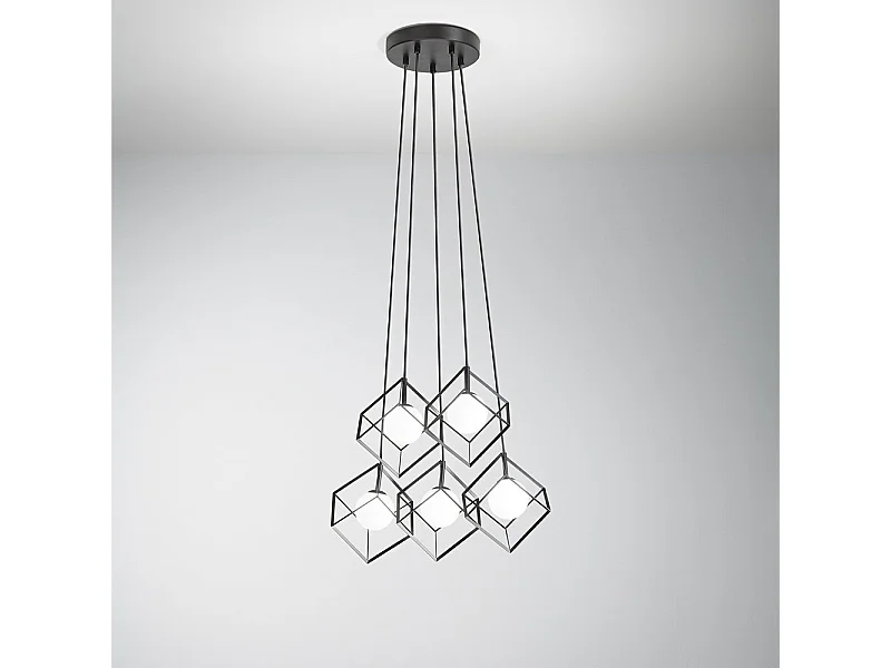 Lampadario Contemporaneo Cube Metallo Nero Vetro 3 Luci G9