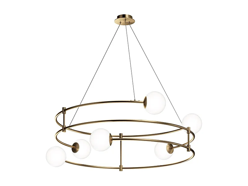 Lampadario Minimal Balance In Metallo Oro 6 Luci E Diffusori Sferici Bianchi