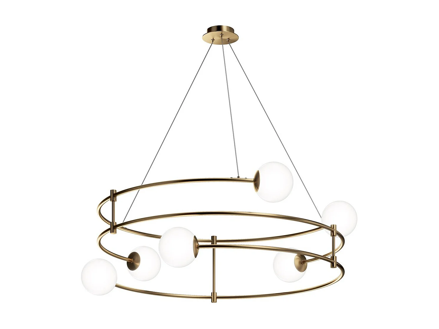 Lampadario Minimal Balance In Metallo Oro 6 Luci E Diffusori Sferici Bianchi