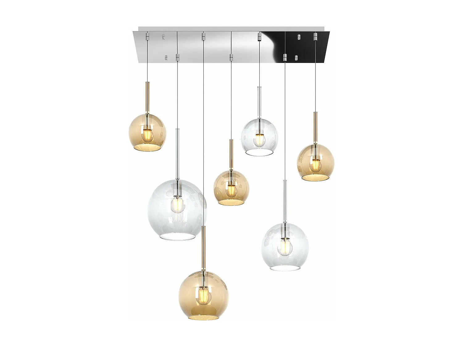 Sosp. Cromo Rettangolare 7 Luci Vetri (1 Grande Tr+1 Medio Am+1 Medio Tr +4 Piccolo (3 X Am+1 X Tr))