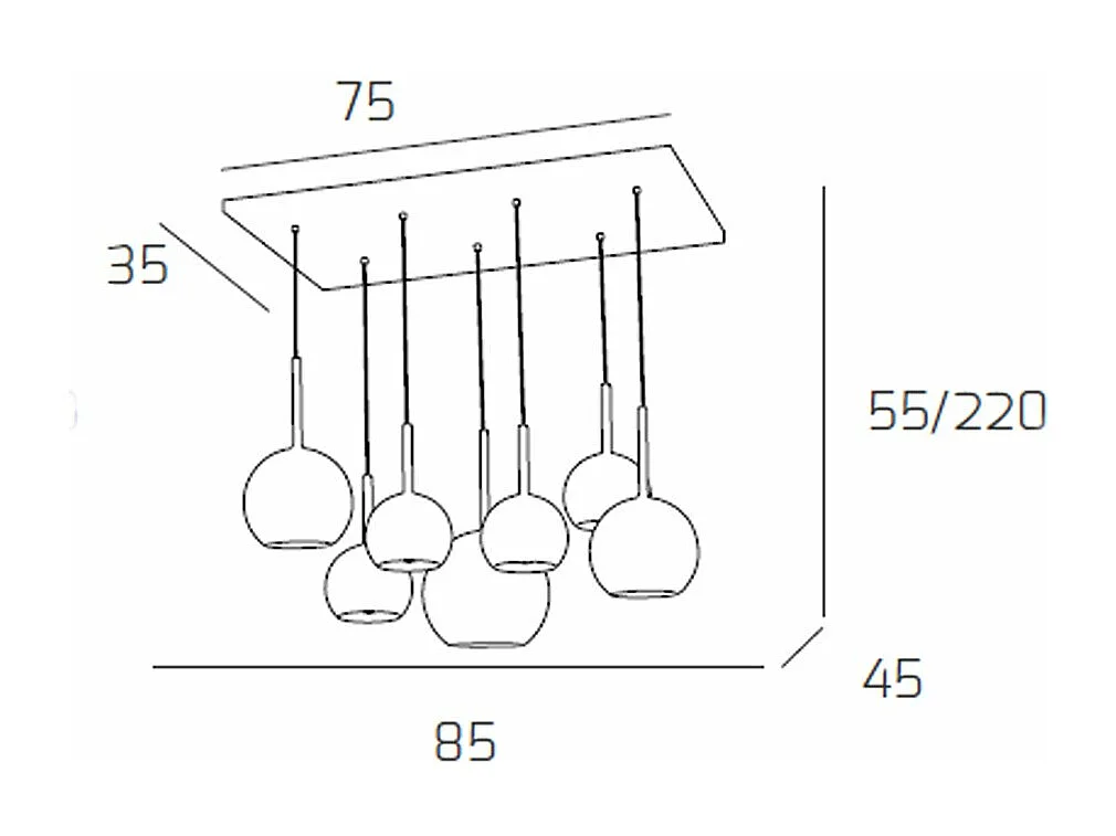 Sosp. Cromo Rettangolare 7 Luci Vetri (1 Grande Tr+1 Medio Am+1 Medio Tr +4 Piccolo (3 X Am+1 X Tr))