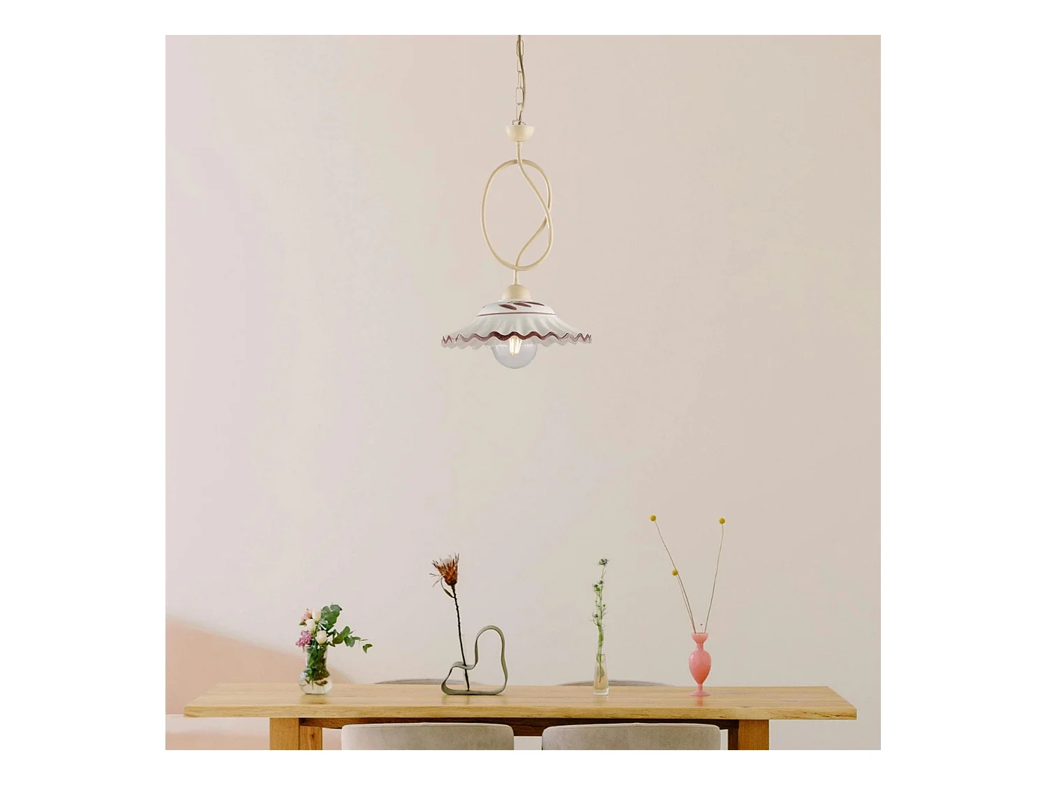 Lustre Bistrot fer ivoire, effet décapé, diffuseur céramique d.30, 1 lumière 105x30 cm, look rustique clair