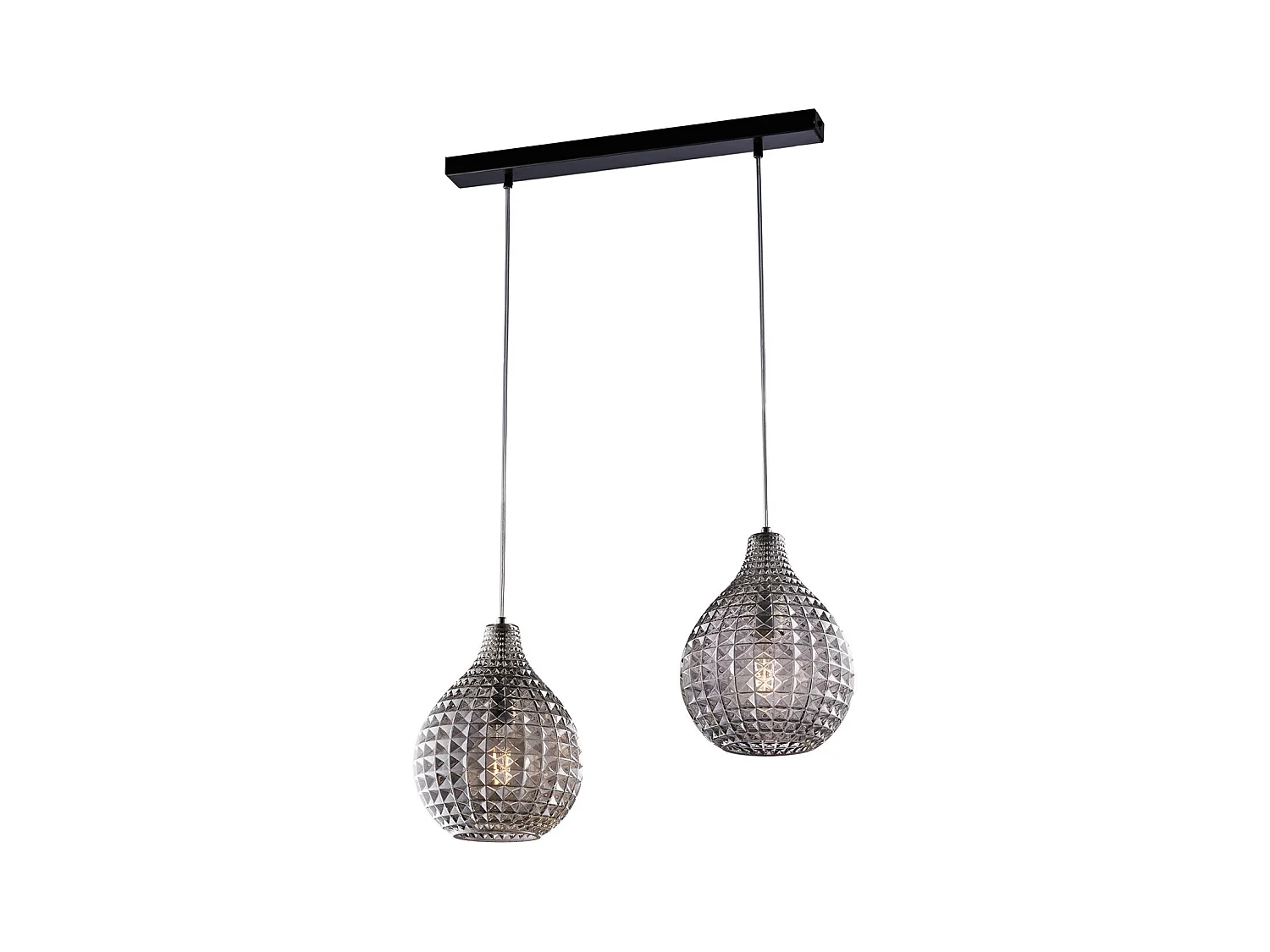 Rail Diamante noir, cadre chromé, verre soufflé miroir gris effet cristal, câbles réglables, 2 lumières raffinées