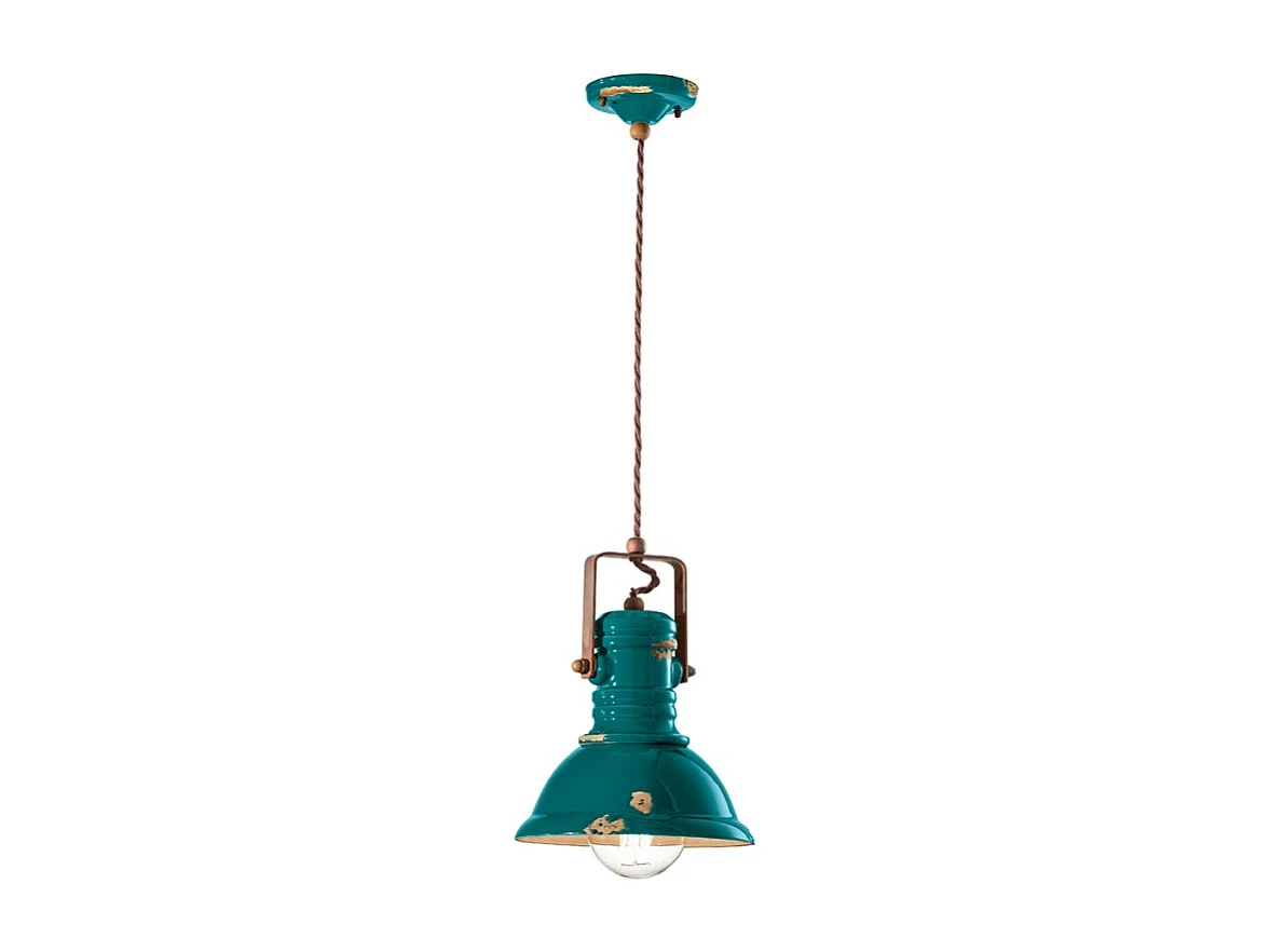 Lampadario Industrial Ferro E Ceramica Vintage Verde 1 Luce E27 23Cm