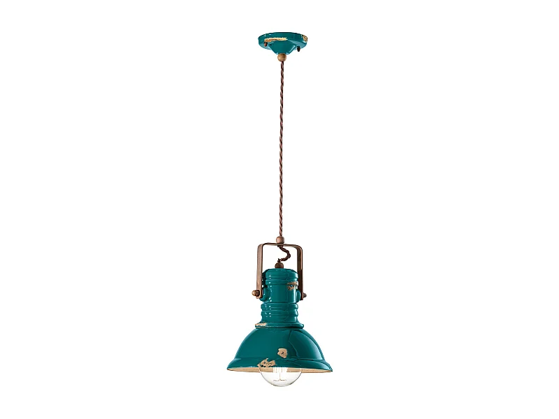 Lampadario Industrial Ferro E Ceramica Vintage Verde 1 Luce E27 23Cm