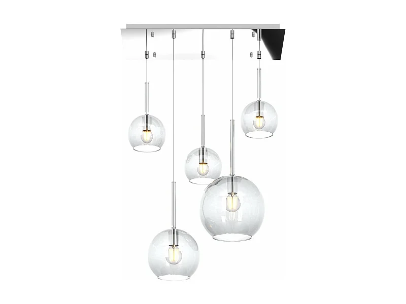 Sosp. Cromo Rettangolare 5 Luci Vetri (1 Grande+1 Medio+3 Piccolo) Tutti Trasparente