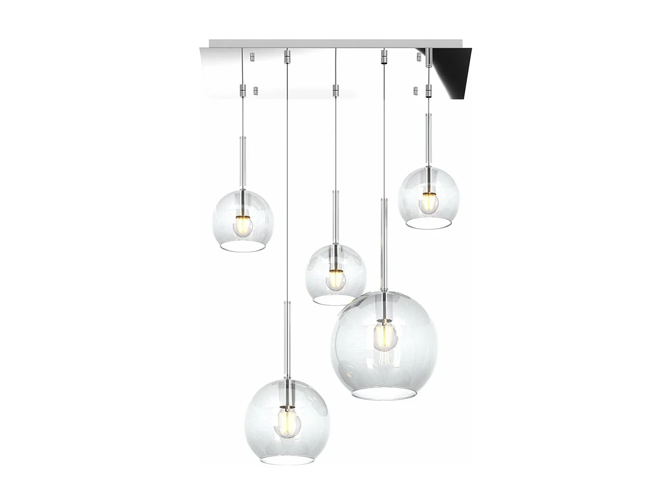 Sosp. Cromo Rettangolare 5 Luci Vetri (1 Grande+1 Medio+3 Piccolo) Tutti Trasparente