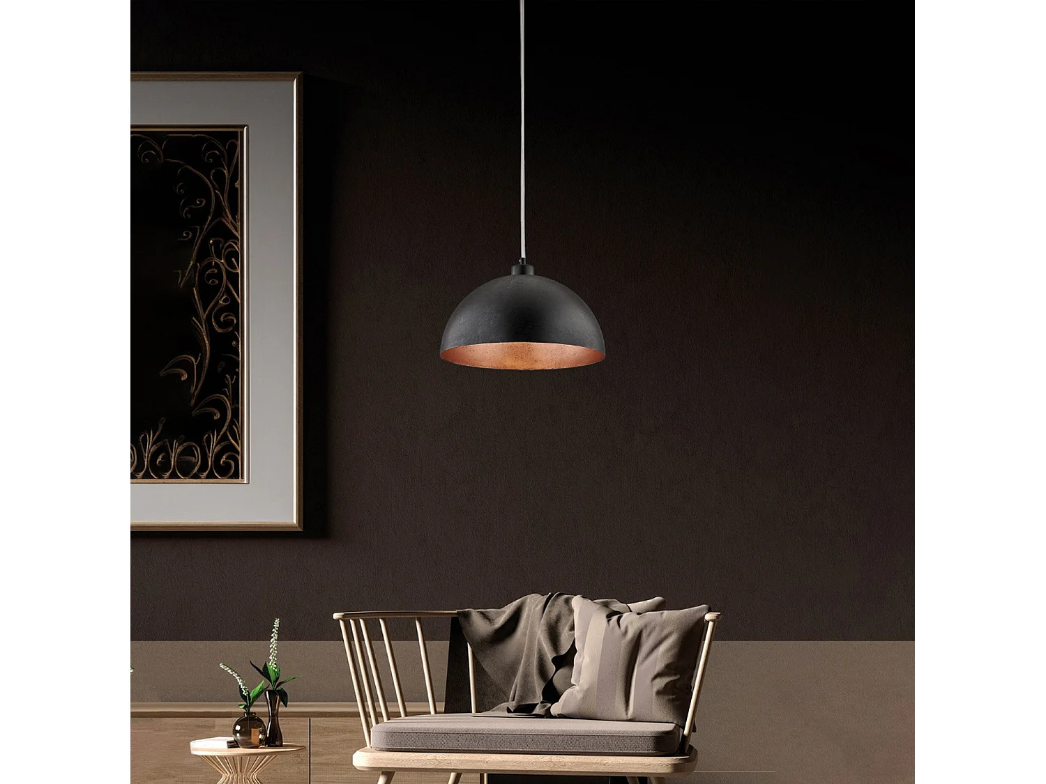 Sospensione Industrial 1 Luce Marcus In Ferro Laccato Nero E Rame Diam 35