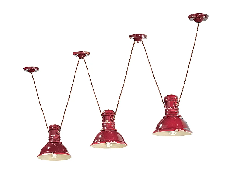 Lampadario Industrial Ferro E Ceramica Vintage Bordeaux 3 Luci E27