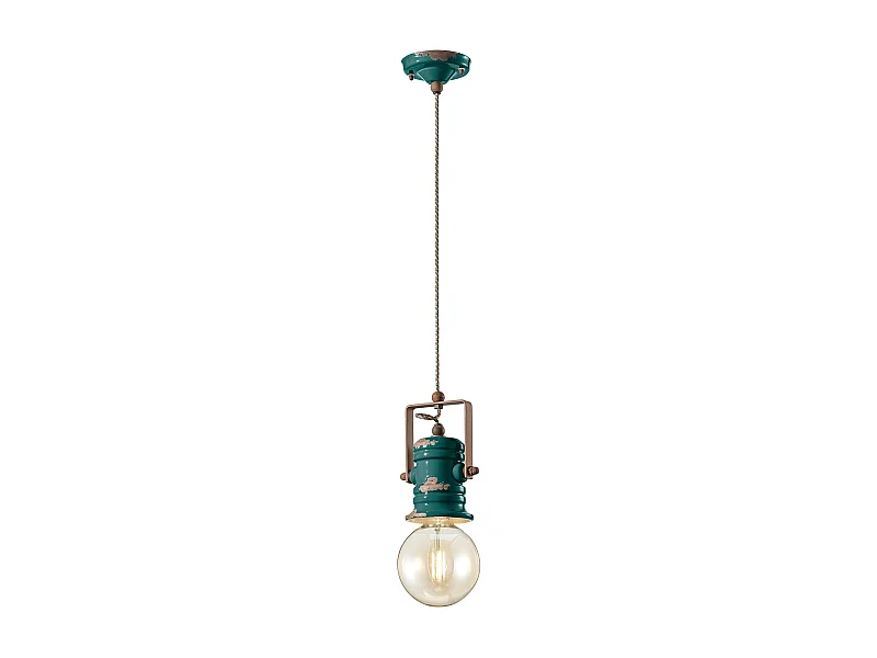 Lampadario Industrial Minimal Urban Ferro E Ceramica Vintage Verde 1 Luce E27