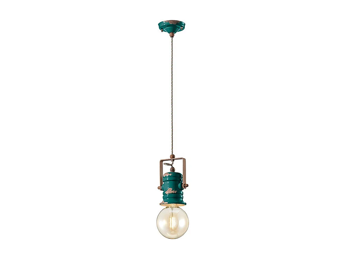 Lampadario Industrial Minimal Urban Ferro E Ceramica Vintage Verde 1 Luce E27