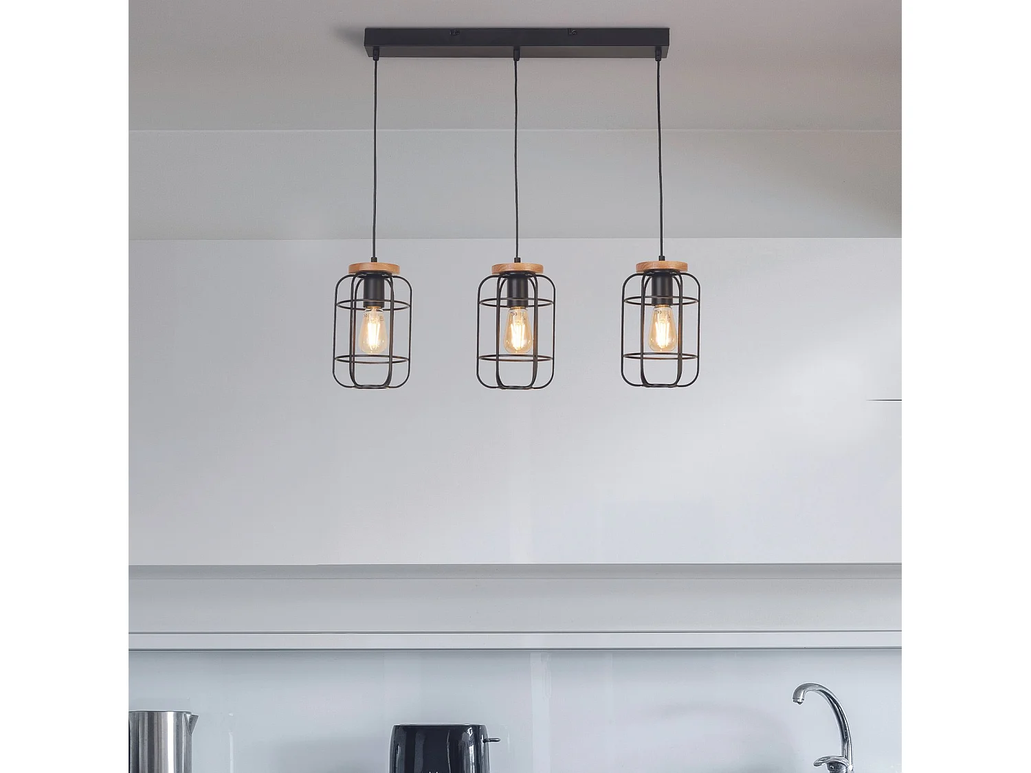 Lampadario Industrial-Nordico Visione Acciaio Nero Marrone 3 Luci E27