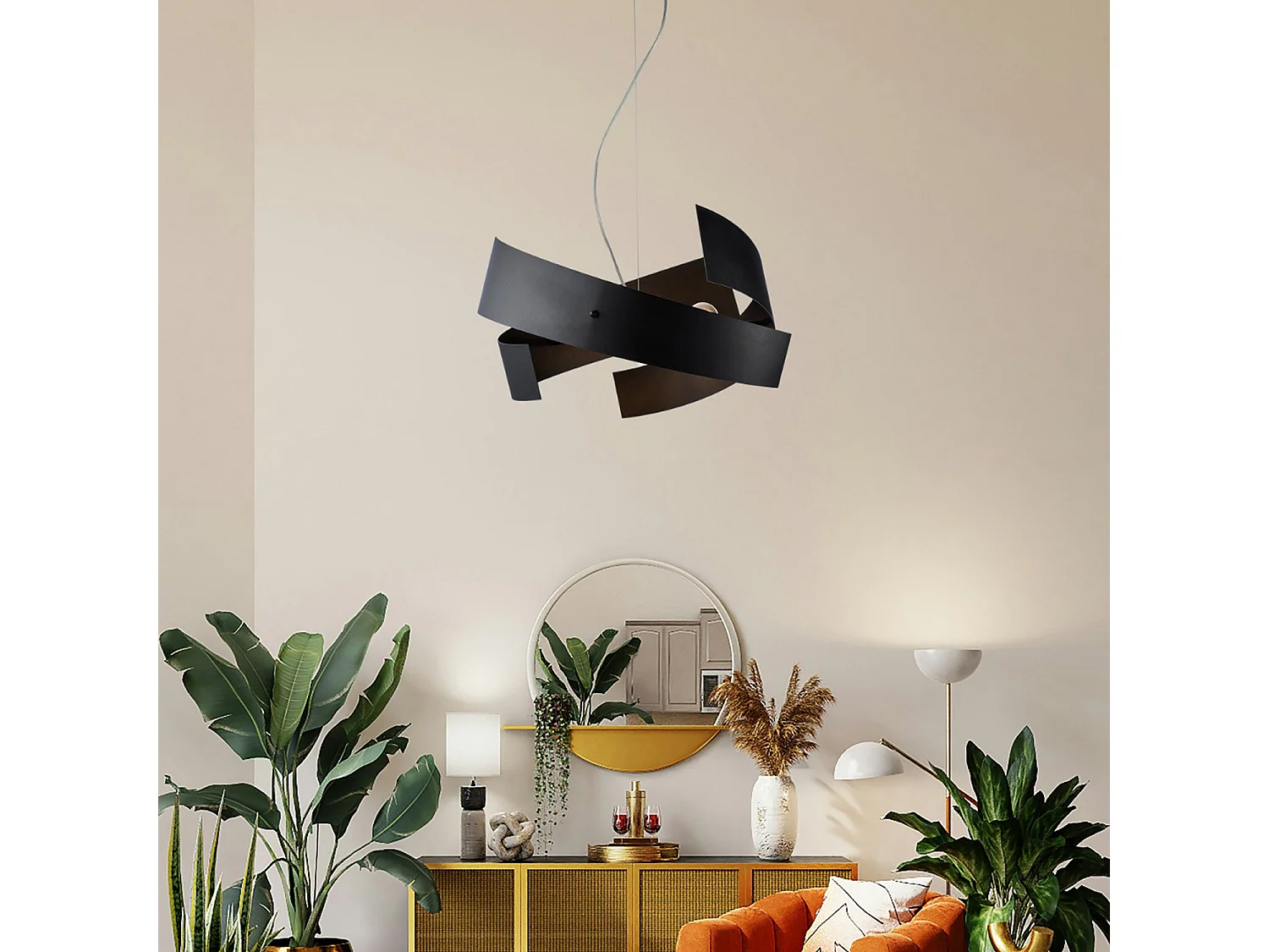 Elisa - Schwarz lackierte, lasergeschnittene Eisenaufhängung mit verstellbarem Stahlkabel, 3 Lichter 128 - Ø57 - BL226-3-NR