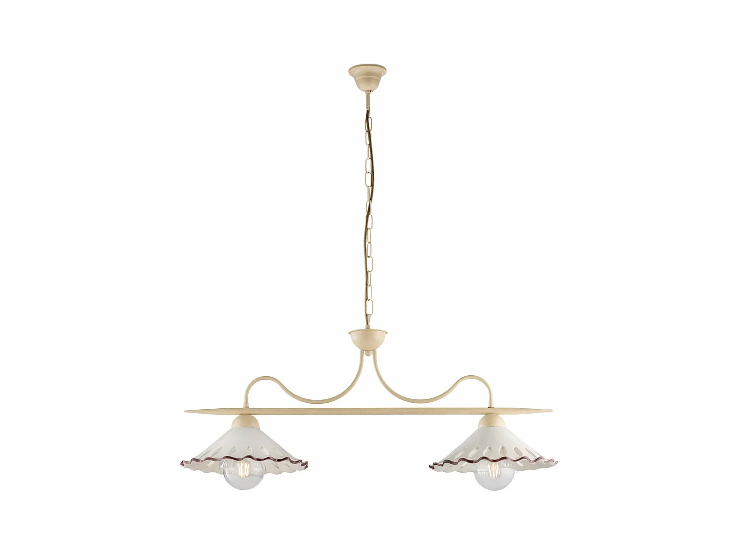 Lustre Osteria fer ivoire, déco effet décapé, diffuseurs céramique d.30 blanc/marron, 2 lumières, format 83x30 cm