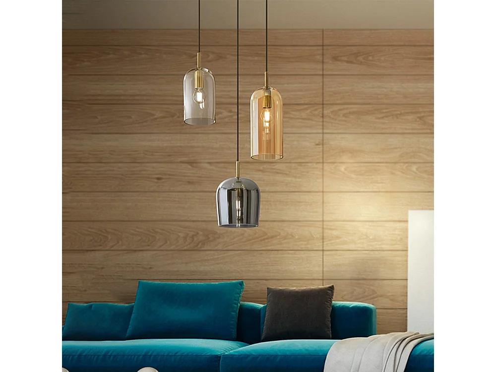 Pendellampe med 3 lyskilder, børstet guld, ravfarvet/røget transparent glas, sorte tekstilkabler, 3xE14 40 W - Perenz