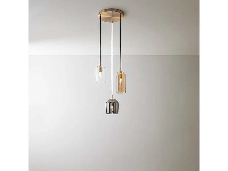 Lampadario Contemporaneo Coro Metallo Ottone Brunito Vetro Multicolor 3 Luci E14