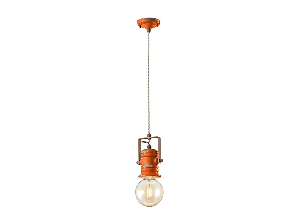 Lampadario Industrial Minimal Urban Ferro Ceramica Vintage Arancio 1 Luce E27