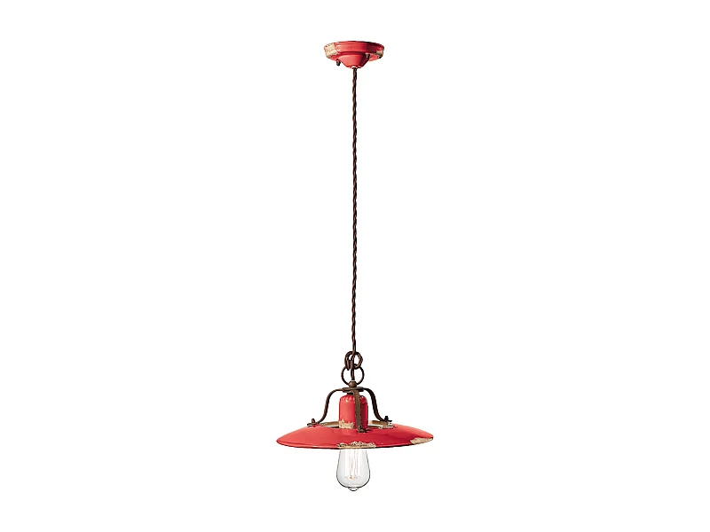 Lampadario Vintage Country Ferro E Ceramica Rosso 1 Luce E27 30Cm