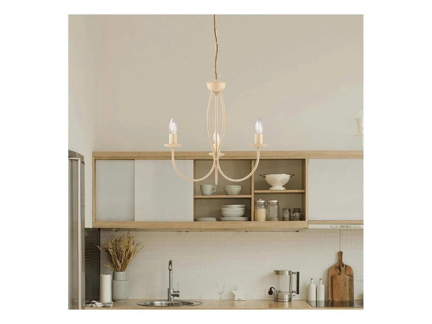 Botte Lustre en fer laqué ivoire à décor effet décapé, 3 lumières 110 d.45 BL147-3-AV