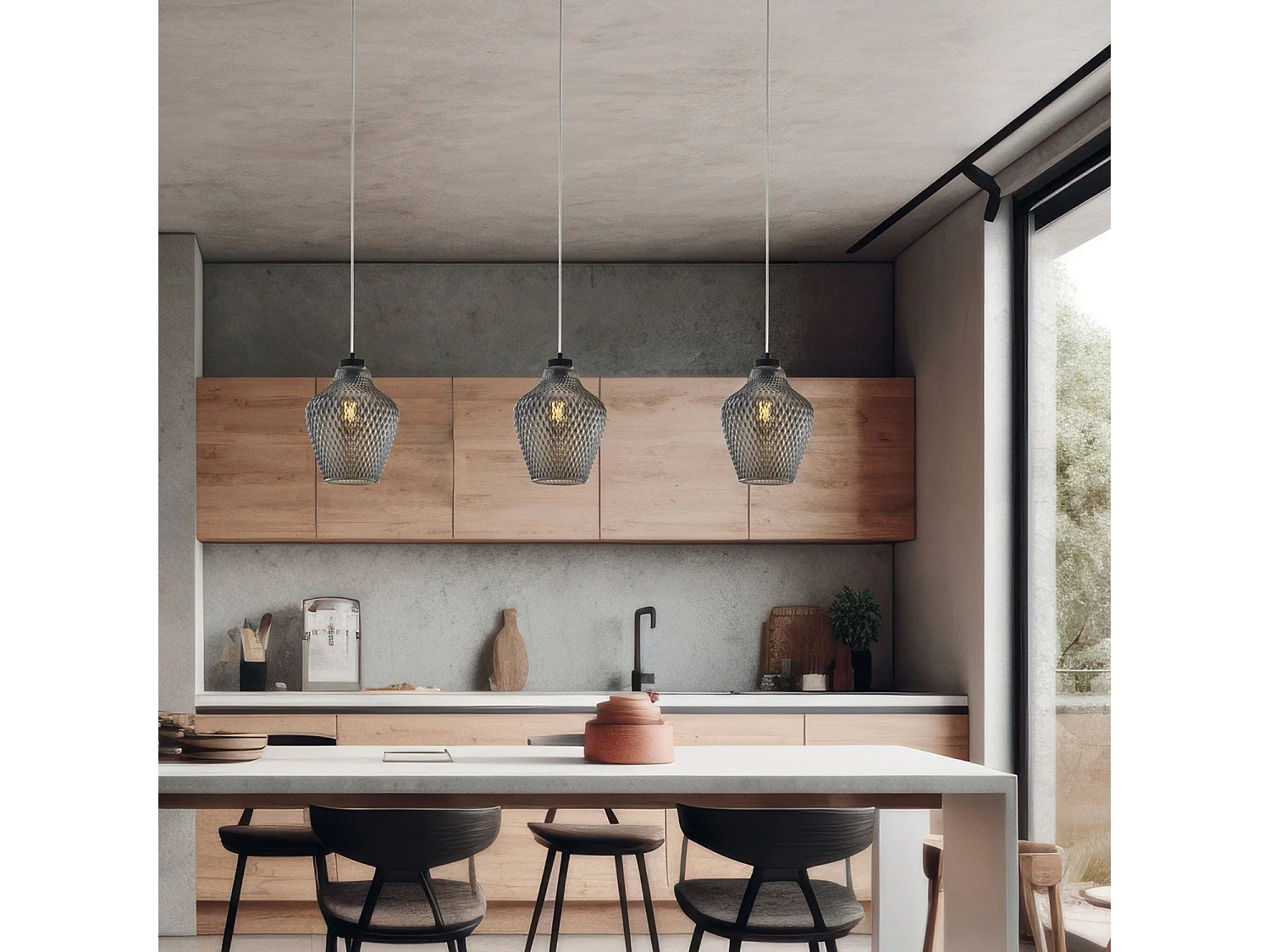 Sospensione 1 Luce Maya In Ferro Laccato Nero E Vetro Soffiato Grigio Specchiato