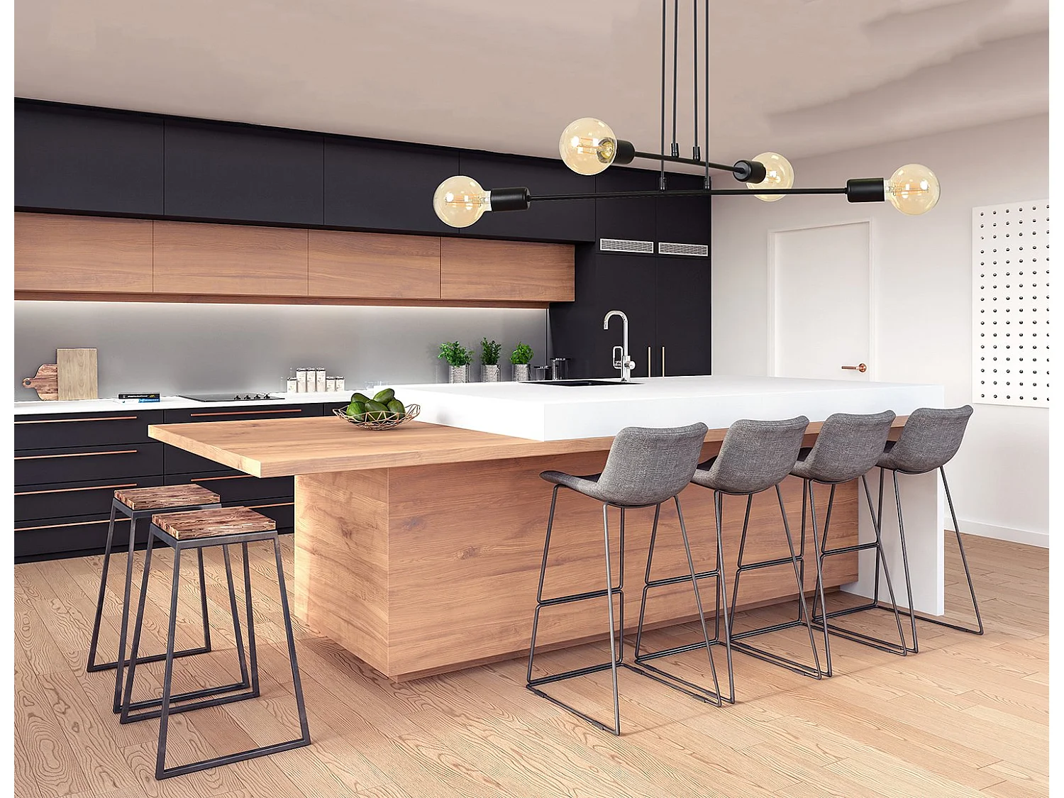 Lampadario Industrial 4 Luci Multiplo In Acciaio Bianco A Bracci