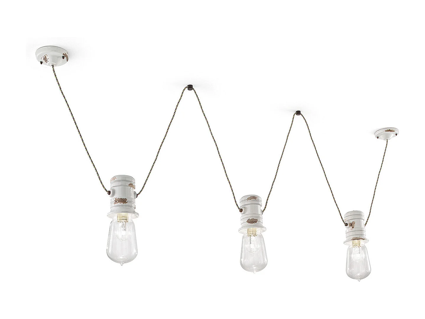 Lampadario Industrial Minimal Urban Ferro E Ceramica Vintage Bianco 3 Luci E27