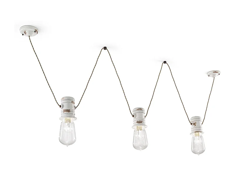 Lampadario Industrial Minimal Urban Ferro E Ceramica Vintage Bianco 3 Luci E27