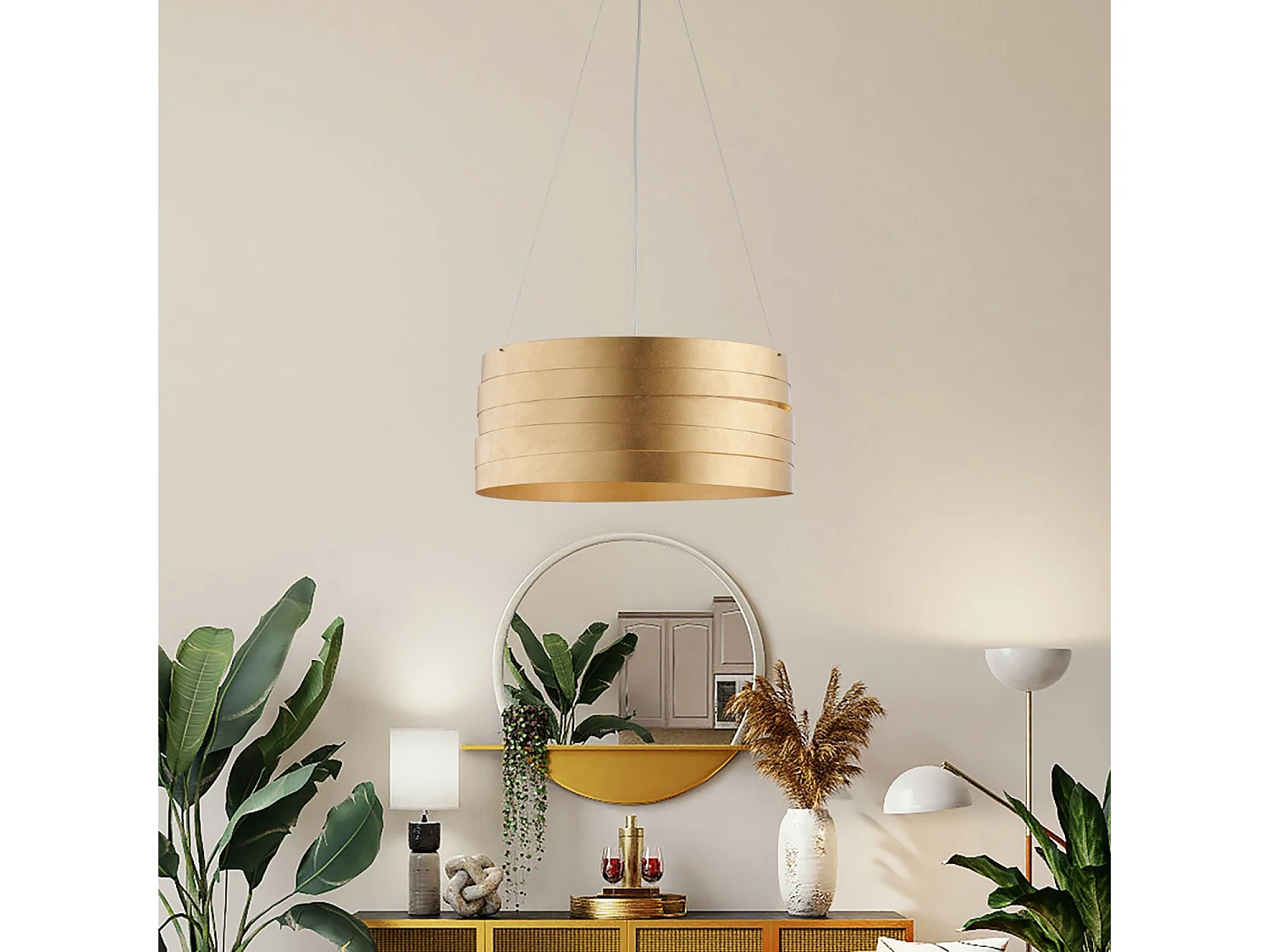 Mambo Suspension en fer laqué blanc décor or antique et câbles en acier réglables 3 lumières 120 d.45 BL157-3-ORO