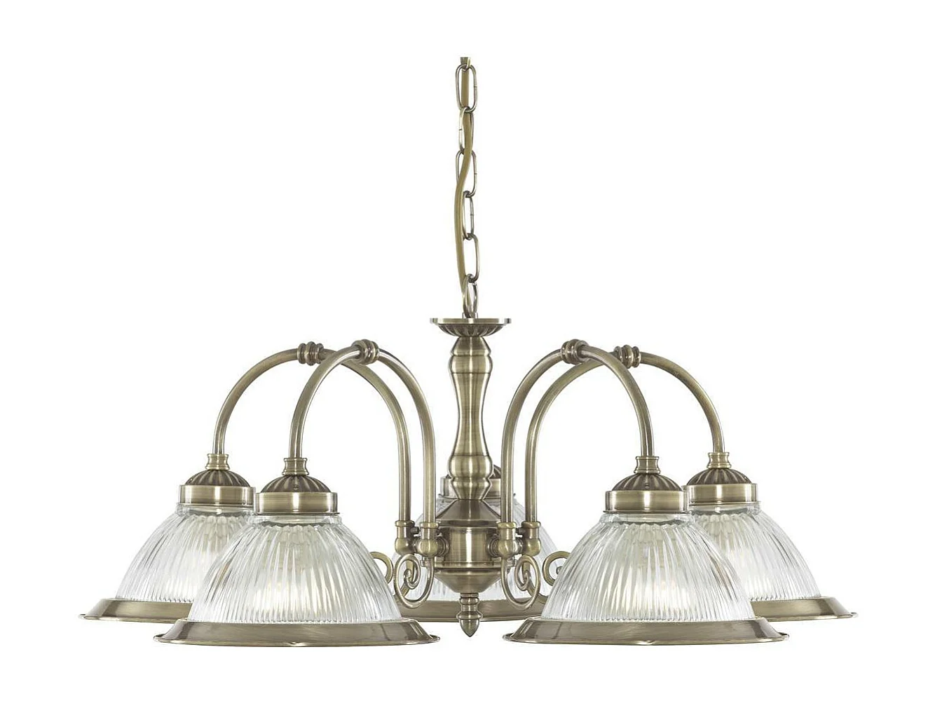 Searchlight American Diner Luminaire suspendu à 5 bras et bras multiples, laiton antique, verre nervuré, E27