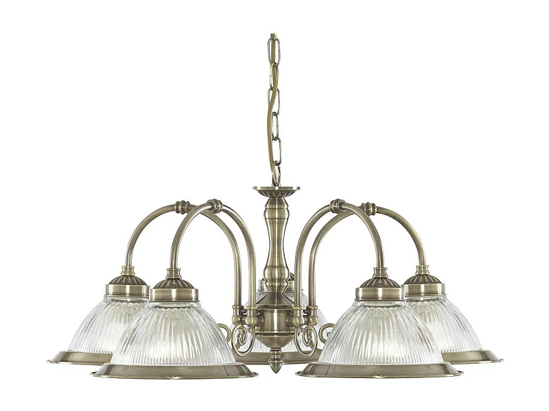 Searchlicht American Diner - 5 leichte mehrarmige mehrarmige Deckenanhänger aus antikem Messing, geripptes Glas, E27