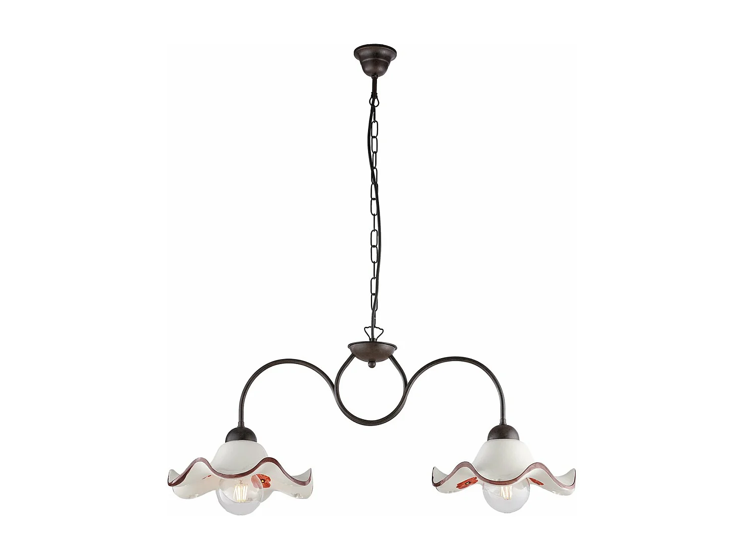 Lustre Anémone fer noir, déco rouille, diffuseurs céramique d.30 blanc/marron, 2 lumières, format 81x30 cm, style rustique